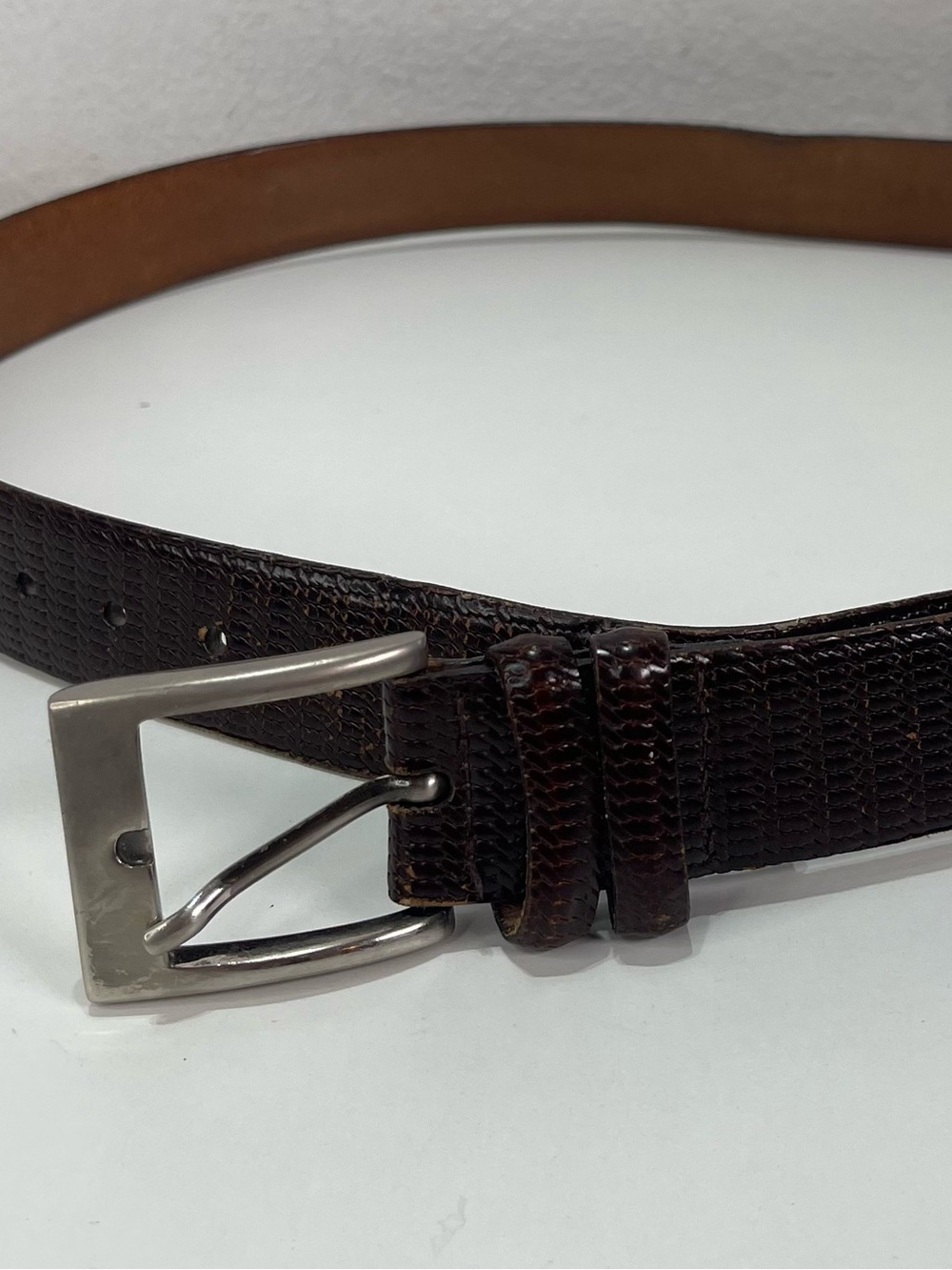 Saks Fifth Avenue Dress Belt Men's 36 Brown Leather Embossed USA Brass Buckle